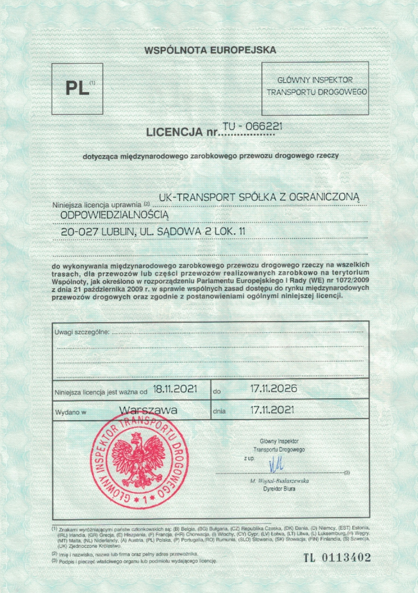 Licencja UK Transport 1